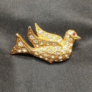 Rhinestone Gold Tone Dove Pin Brooch